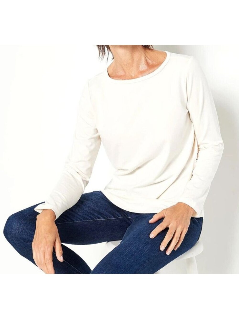 Susan Graver Weekend Top  XXS Essentials Cotton Modal Bateau Neck Ivory NEW